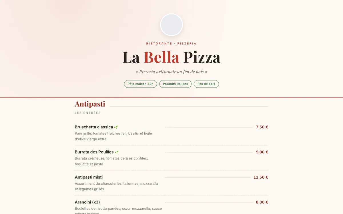 Aperçu du template Pizzeria Menu