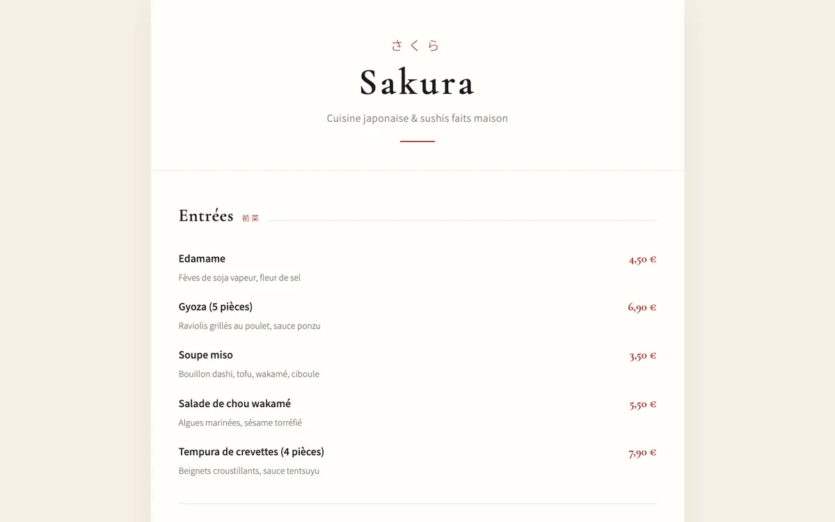 Aperçu du template Sushi Menu