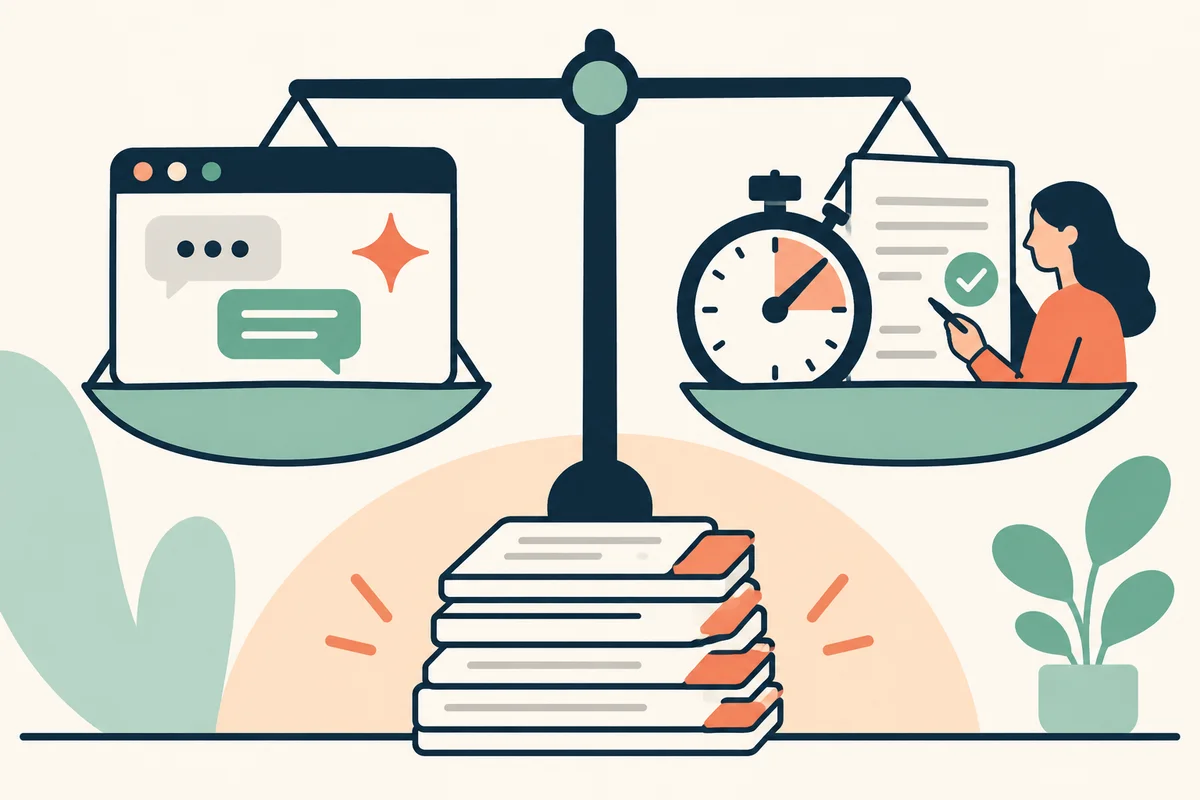 Une balance compare un assistant IA au temps de travail et à la vérification humaine des documents.