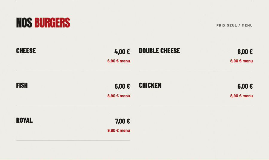 Carte des burgers O’Max avec prix seul et prix menu