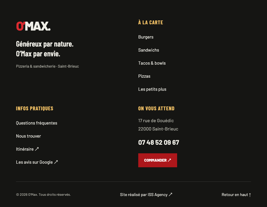 Pied de page O’Max avec catégories, téléphone et itinéraire